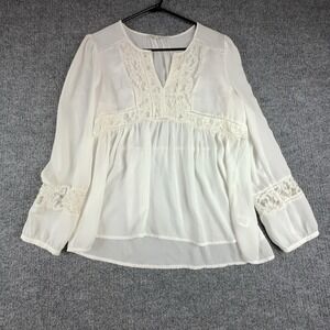 Daniel Rainn Blouse Womens Medium White Lace V Neck Sheer Boho Tunic Top